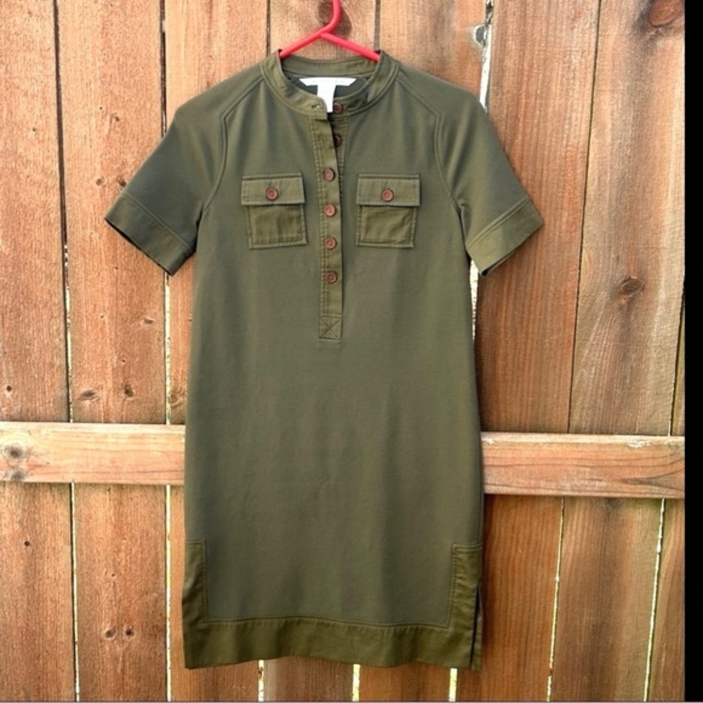 Diane Von Furstenberg Satin Trim Military Shirt Dress Olive Green Size 2
